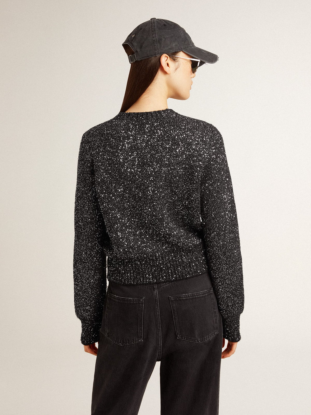 Golden Goose Women's black wool blend cropped sweater with all-over sequins