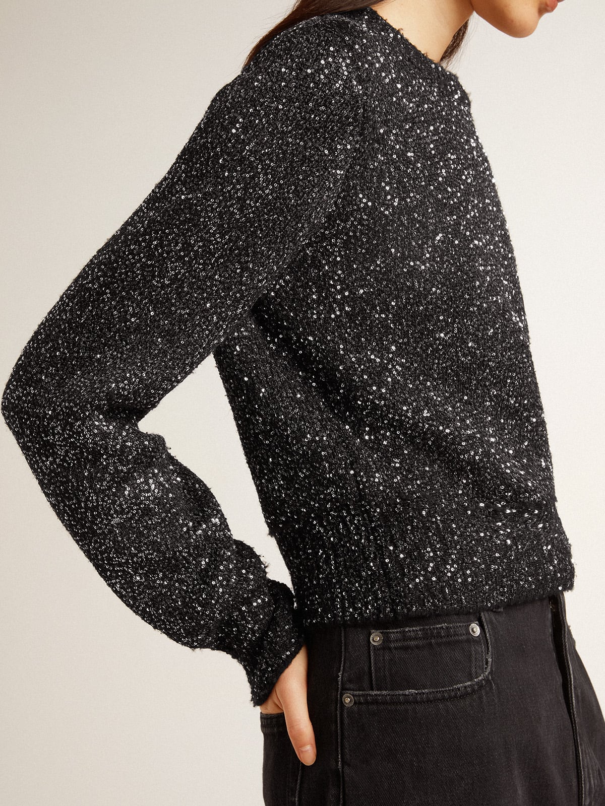 Golden Goose Women's black wool blend cropped sweater with all-over sequins