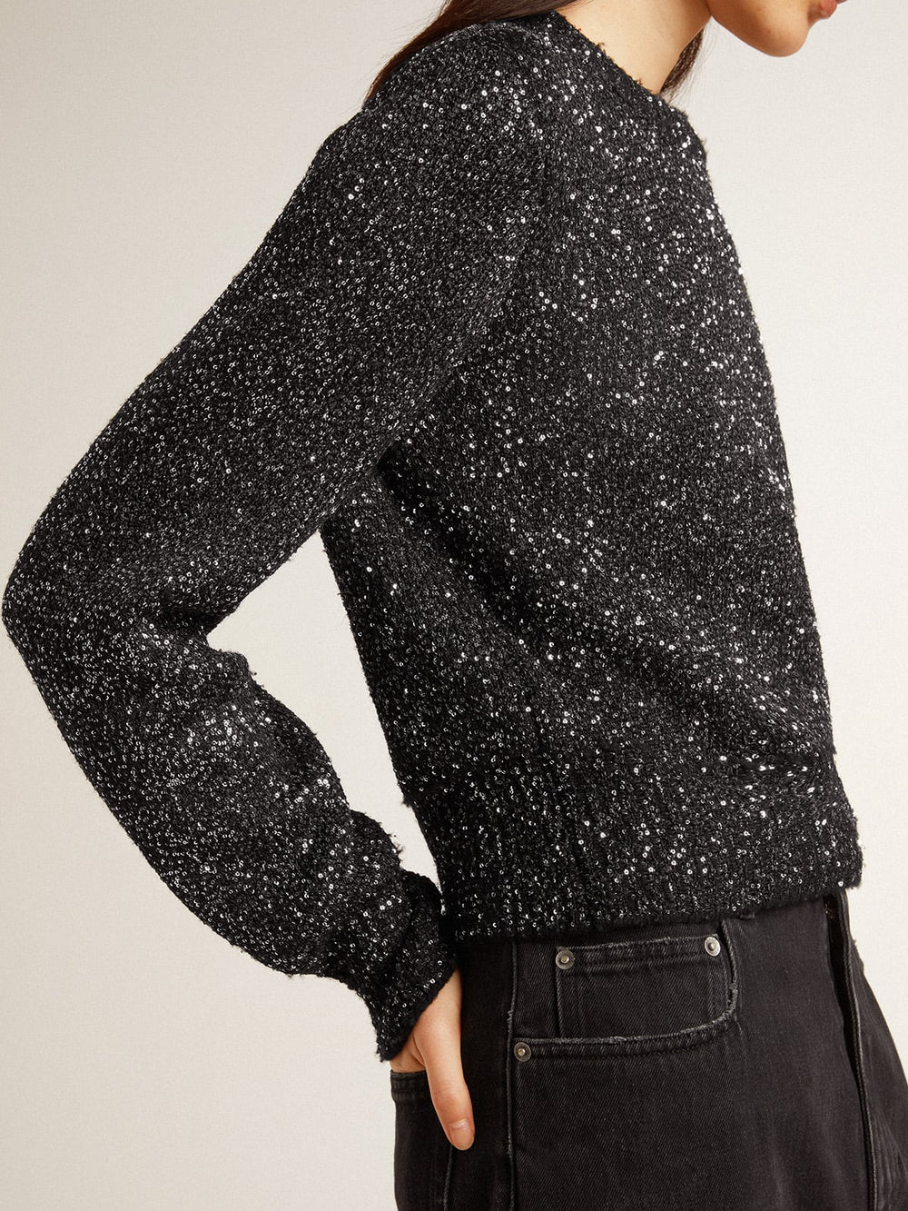 Golden Goose Women's black wool blend cropped sweater with all-over sequins