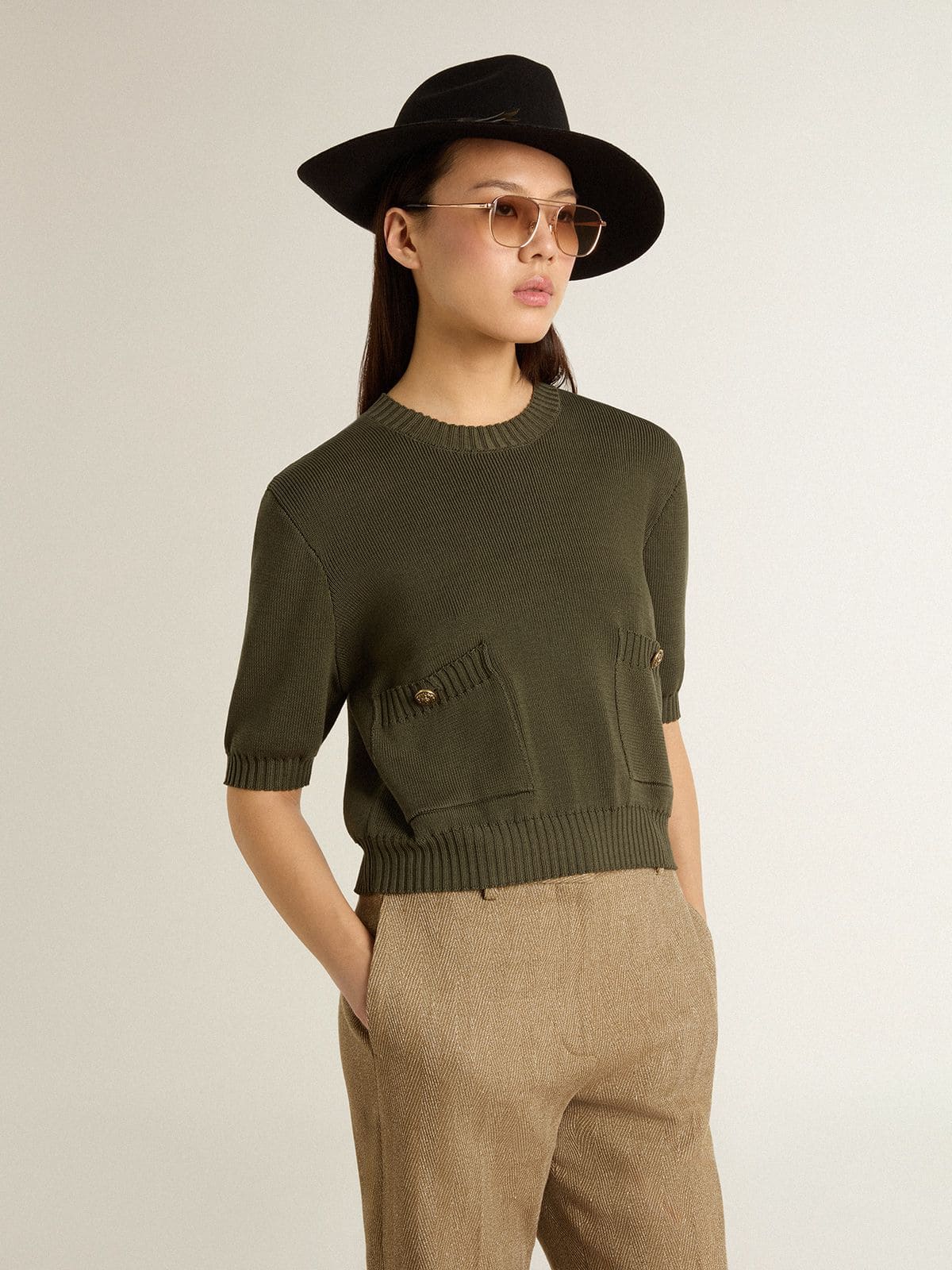 Golden Goose Women's short-sleeved sweater in military-green cotton