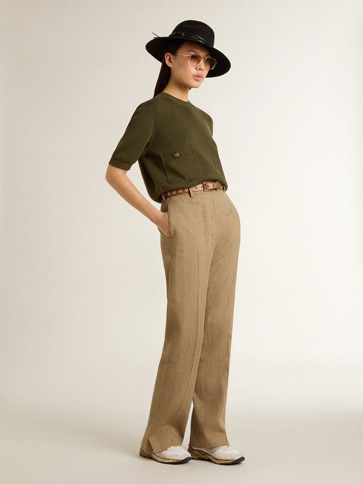 Golden Goose Women's short-sleeved sweater in military-green cotton