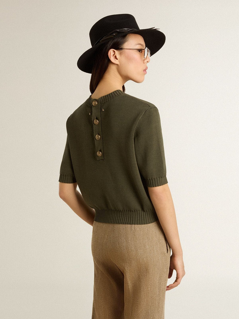 Golden Goose Women's short-sleeved sweater in military-green cotton