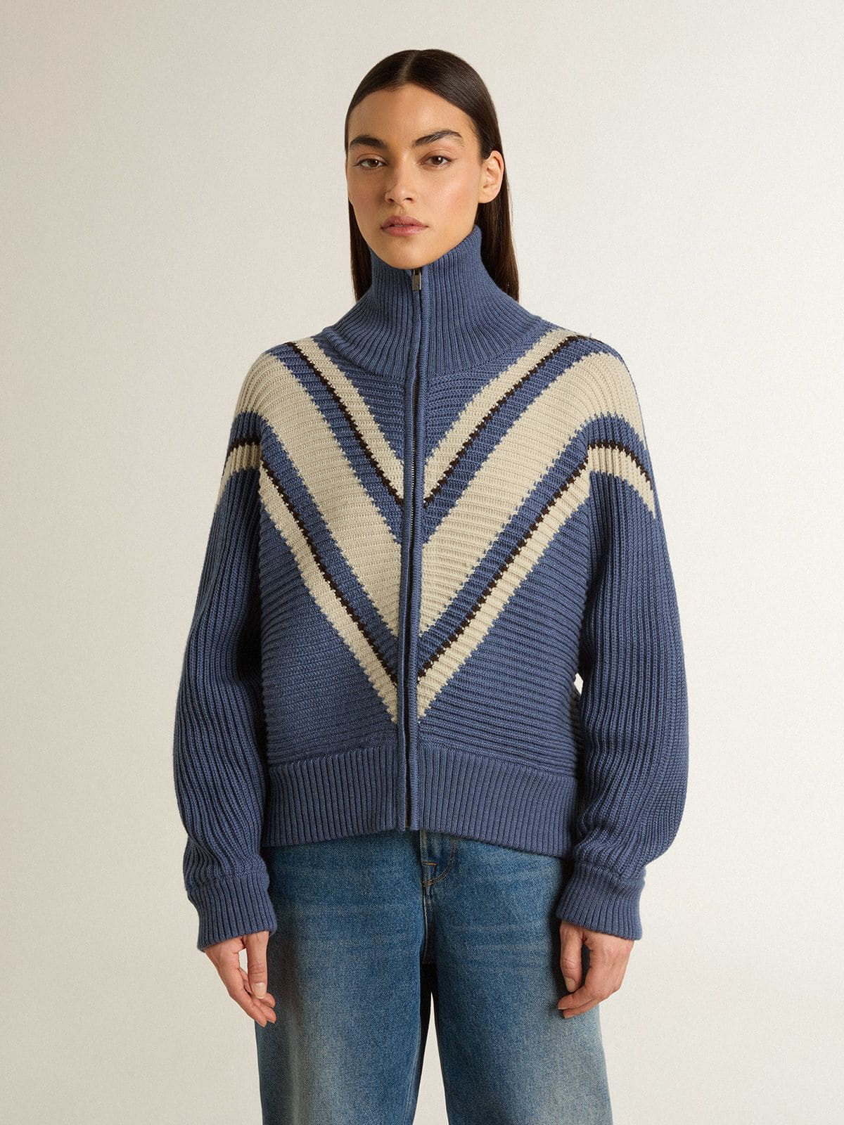 Golden Goose Women's light blue jacquard wool sweater with cream-colored pattern