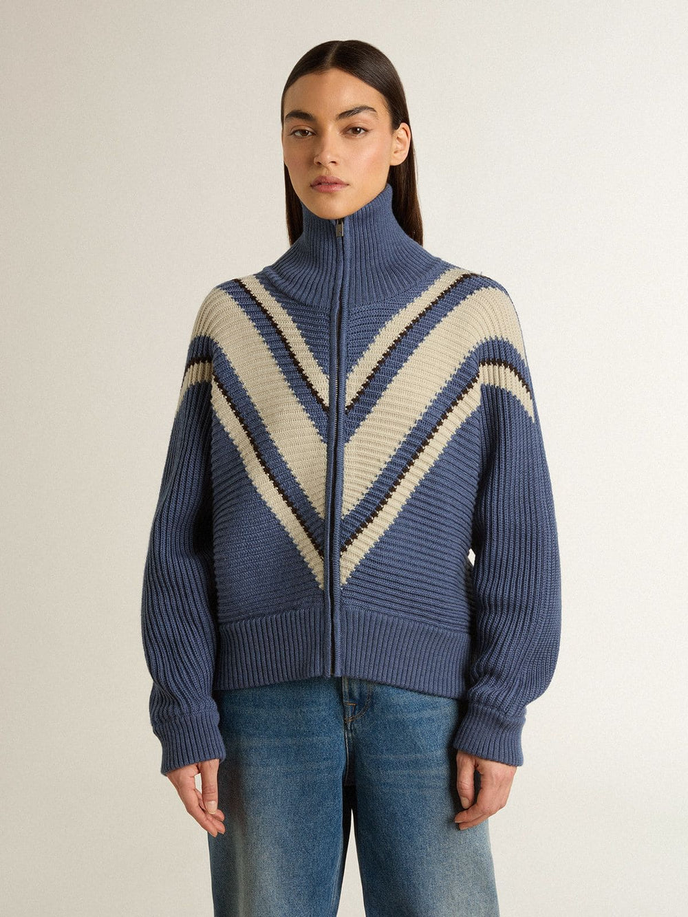Golden Goose Women's light blue jacquard wool sweater with cream-colored pattern