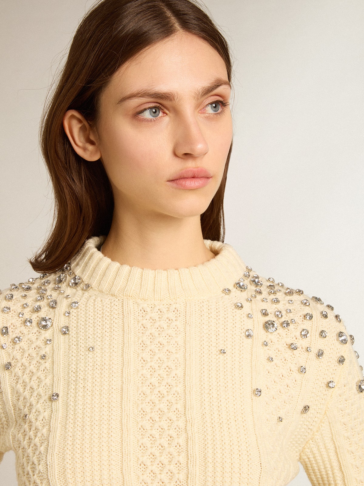 Golden Goose Women's cropped worn-white sweater with decorative crystals