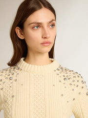 Golden Goose Women's cropped worn-white sweater with decorative crystals