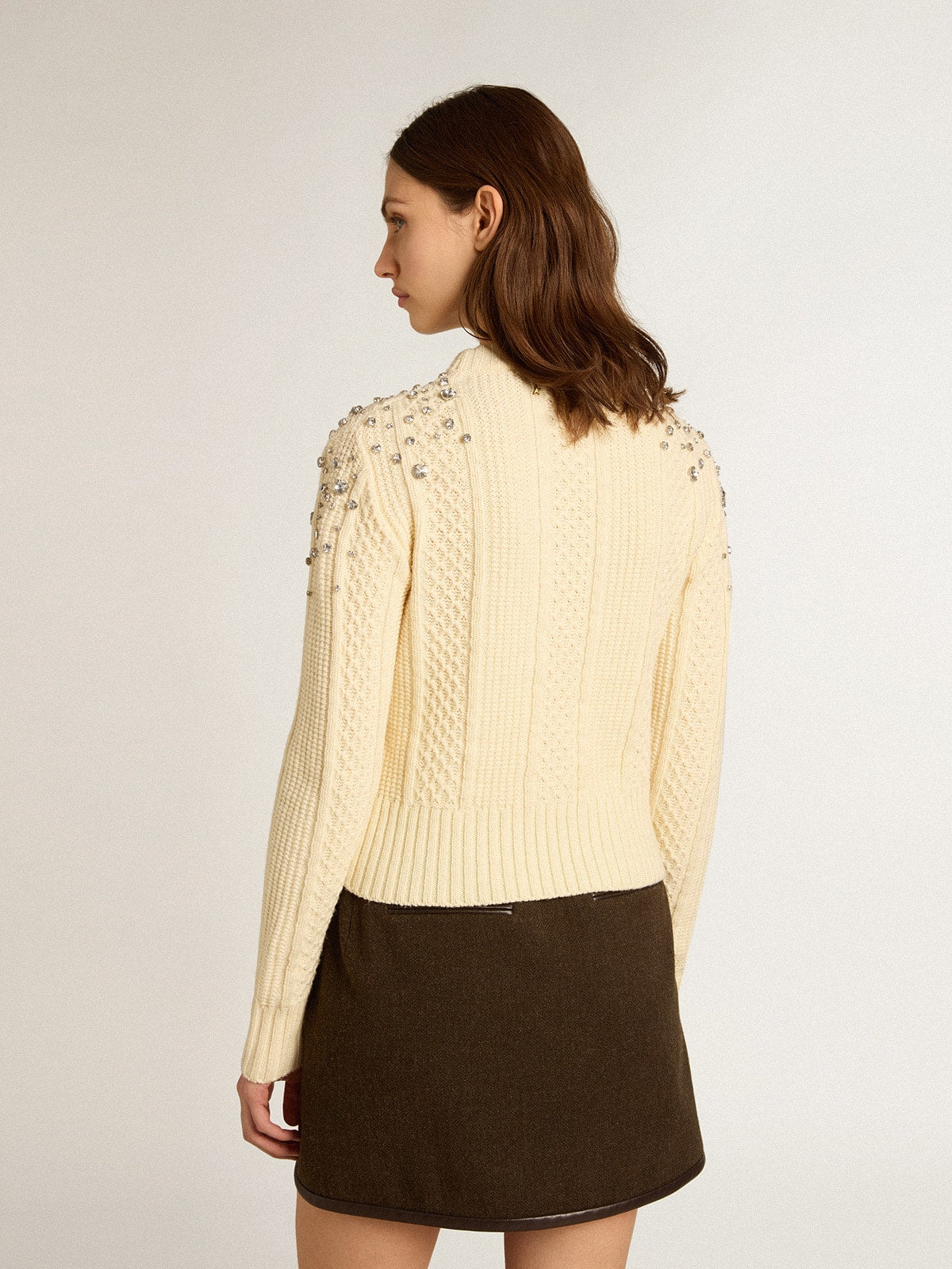 Golden Goose Women's cropped worn-white sweater with decorative crystals