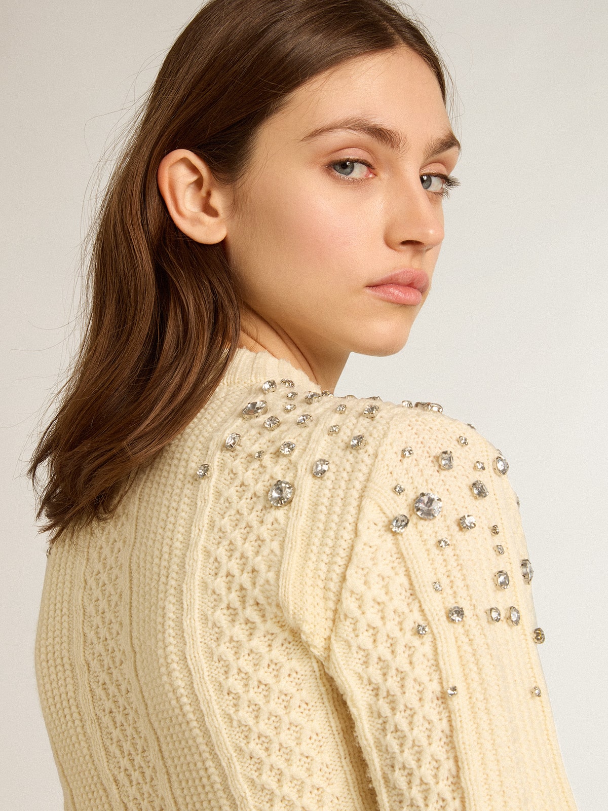 Golden Goose Women's cropped worn-white sweater with decorative crystals