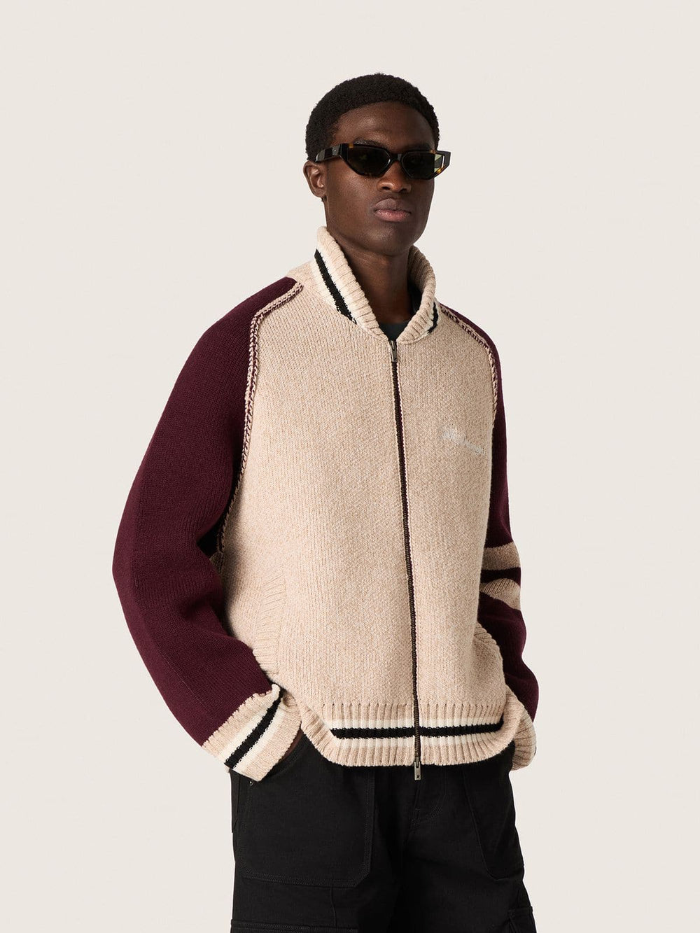 Golden Goose Unisex bomber jacket in white and burgundy jacquard knit