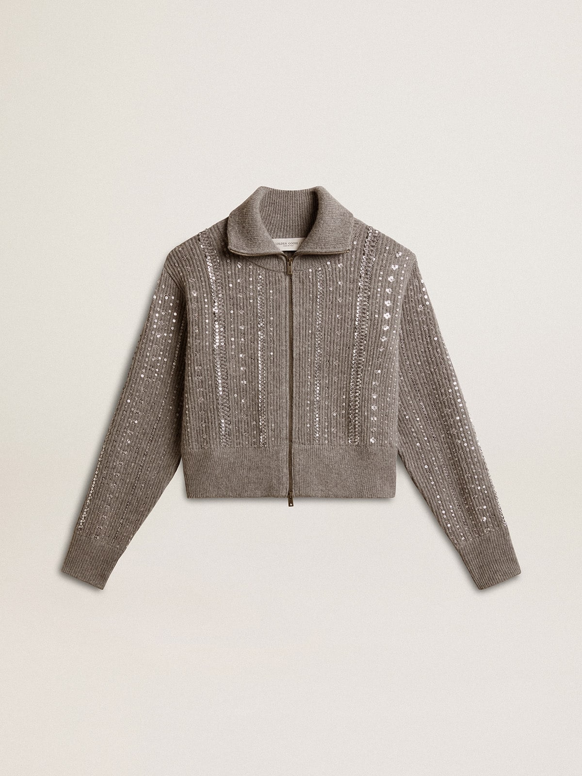 Golden Goose Women's cropped sweater in gray melange wool with sequins