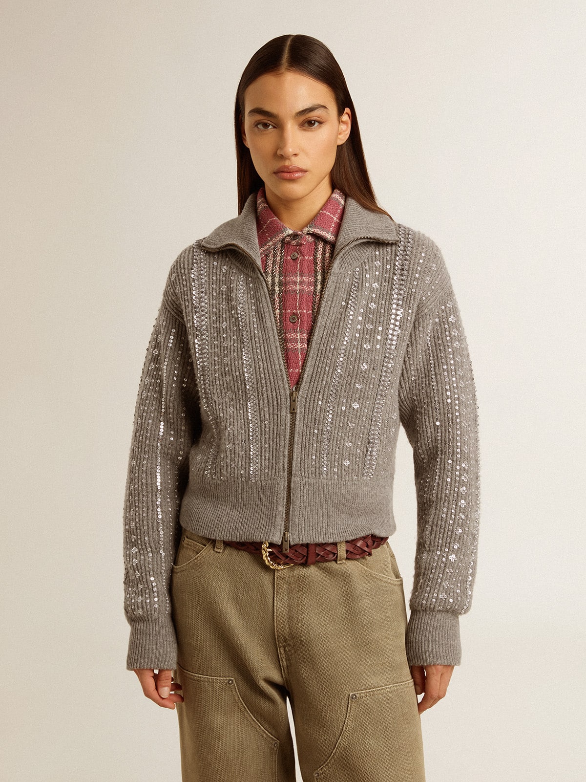 Golden Goose Women's cropped sweater in gray melange wool with sequins