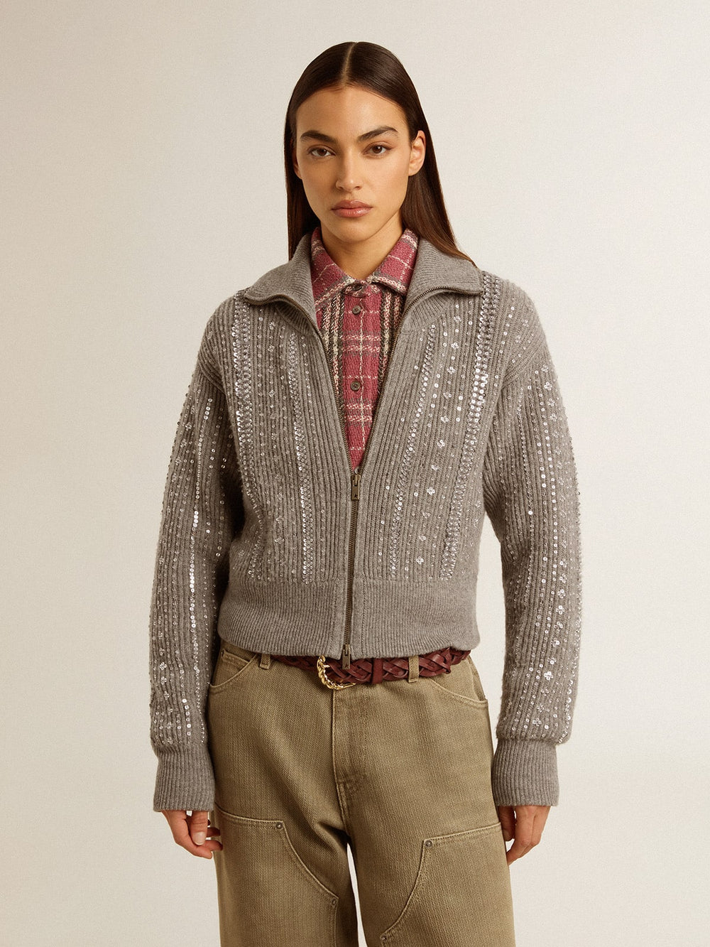 Golden Goose Women's cropped sweater in gray melange wool with sequins
