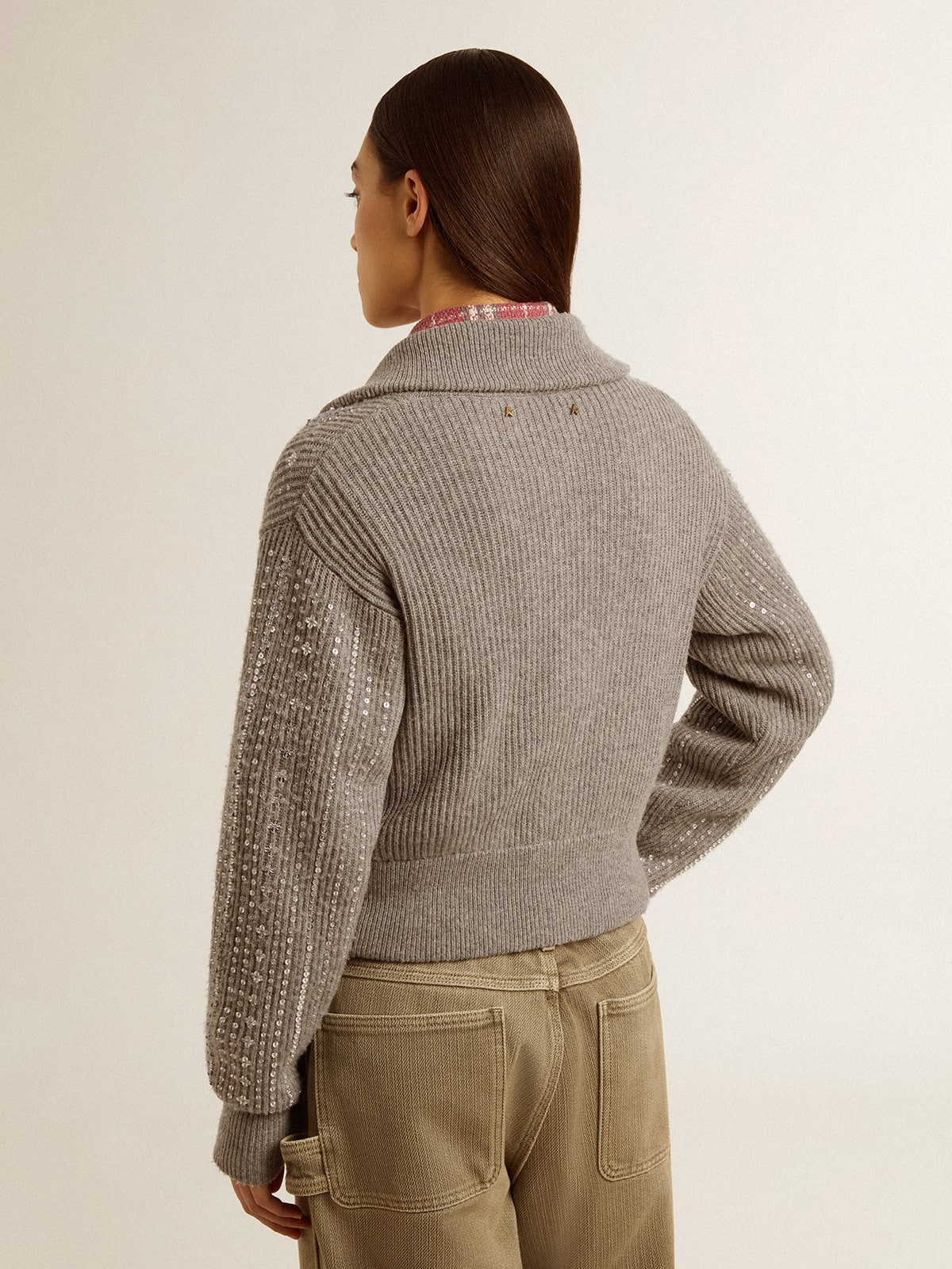 Golden Goose Women's cropped sweater in gray melange wool with sequins