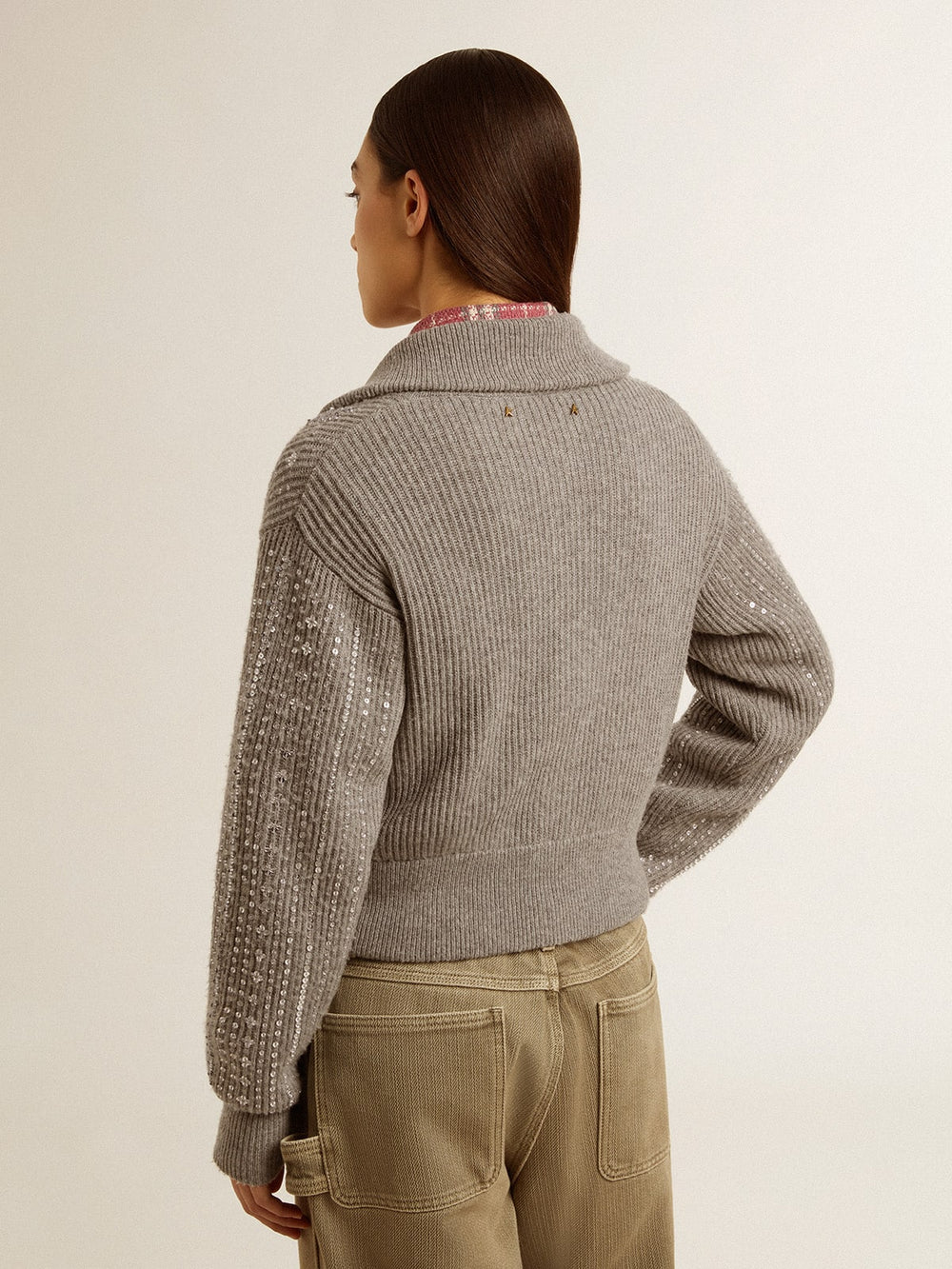 Golden Goose Women's cropped sweater in gray melange wool with sequins