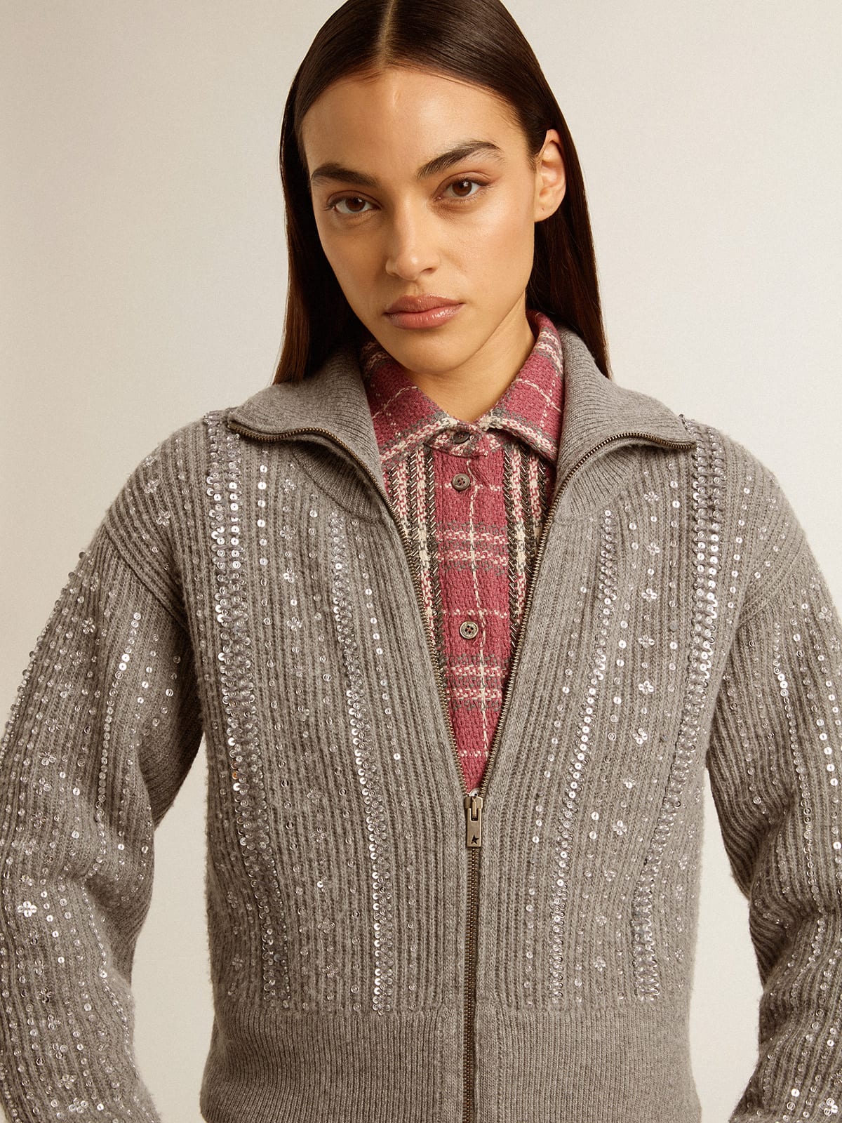 Golden Goose Women's cropped sweater in gray melange wool with sequins