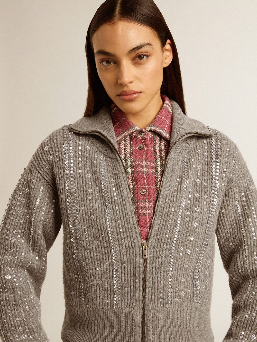Golden Goose Women's cropped sweater in gray melange wool with sequins