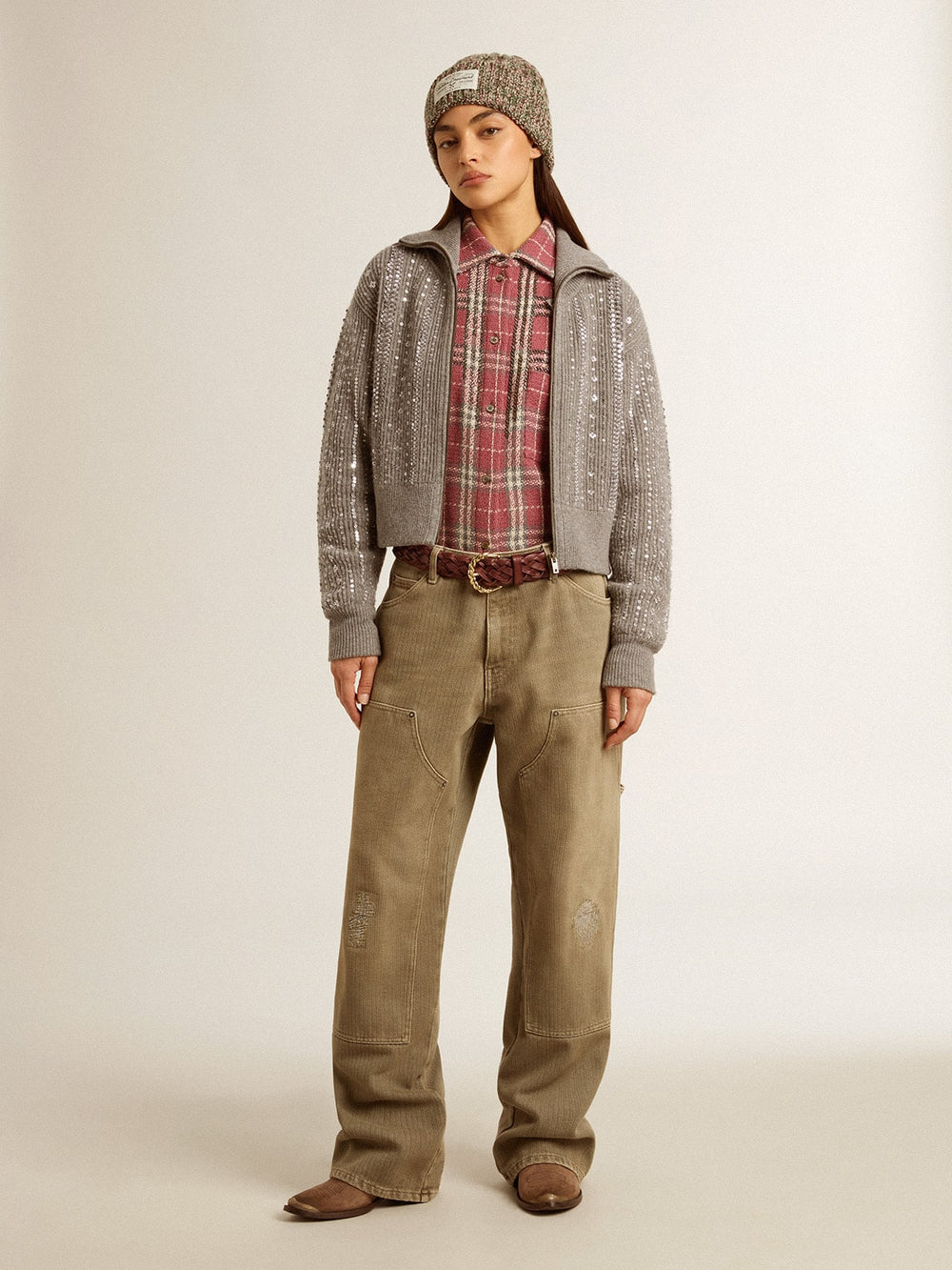 Golden Goose Women's cropped sweater in gray melange wool with sequins