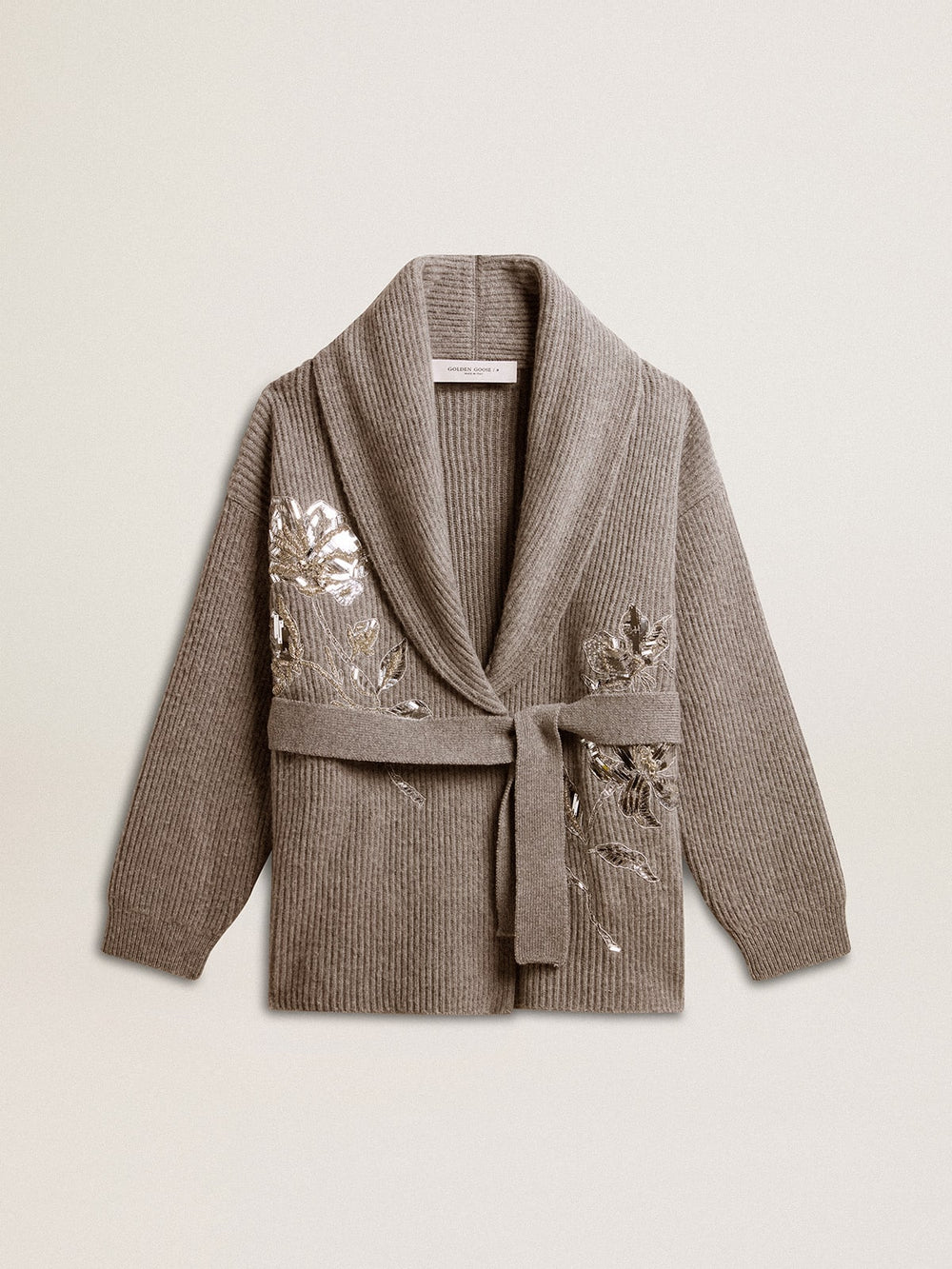 Golden Goose Women's cardigan in gray melange wool with embroidery on the front