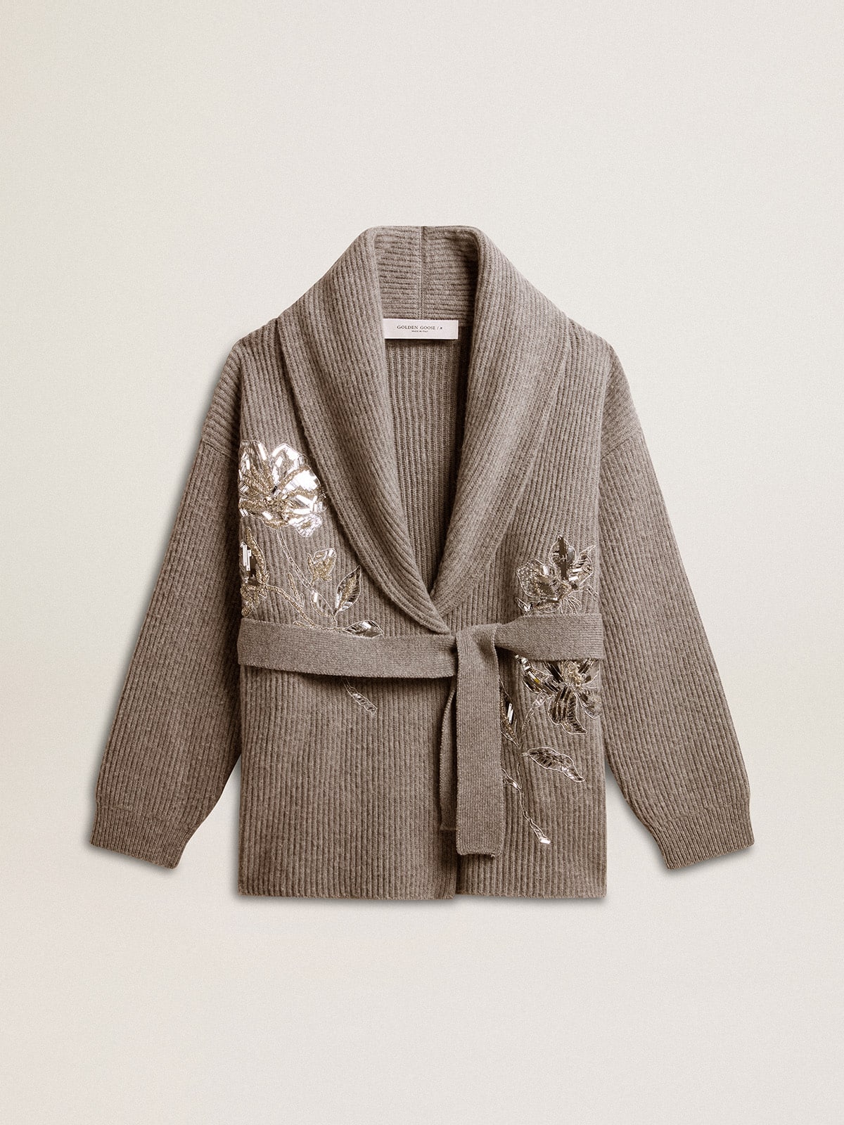 Golden Goose Women's cardigan in gray melange wool with embroidery on the front