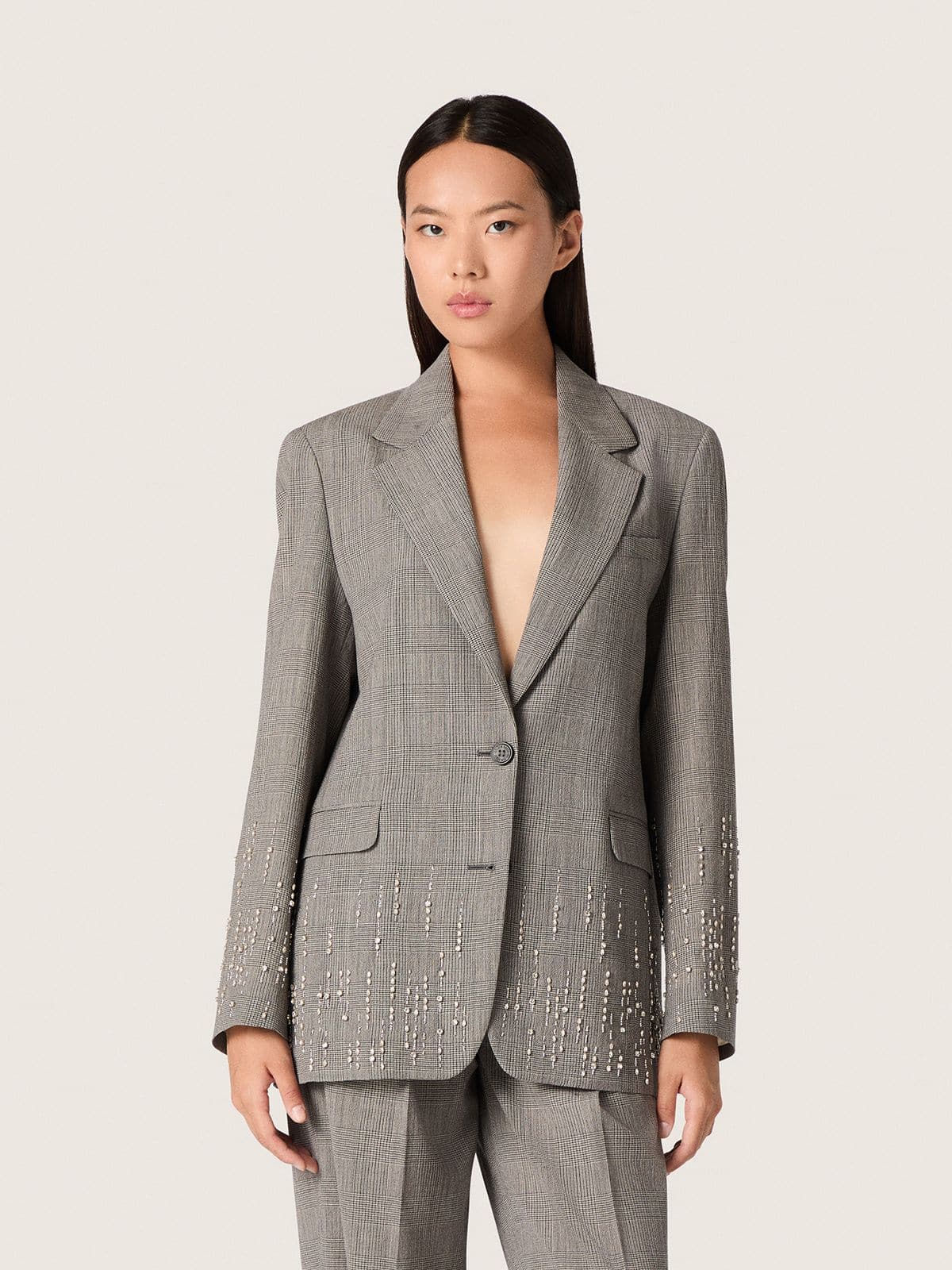 Golden Goose Women's jacket in gray Prince of Wales check with crystal embroidery