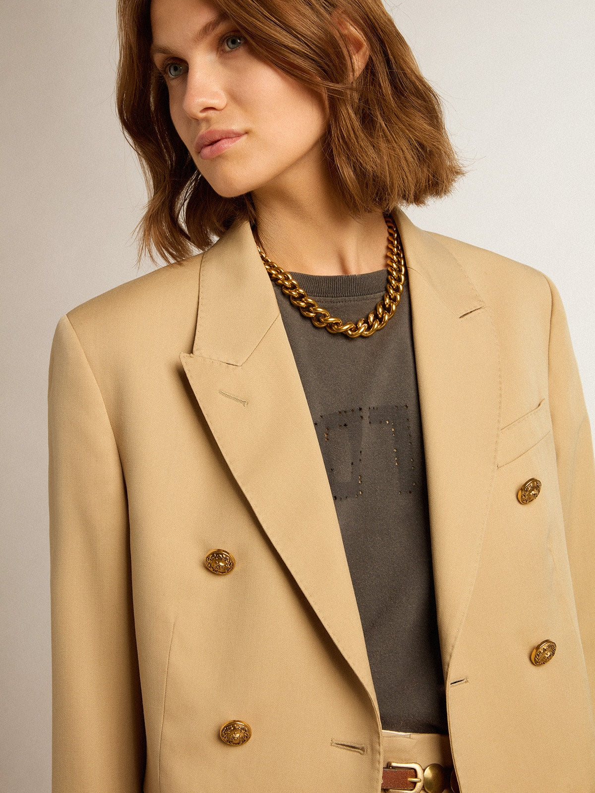 Golden Goose Women’s double-breasted blazer in sand with gold heraldic buttons