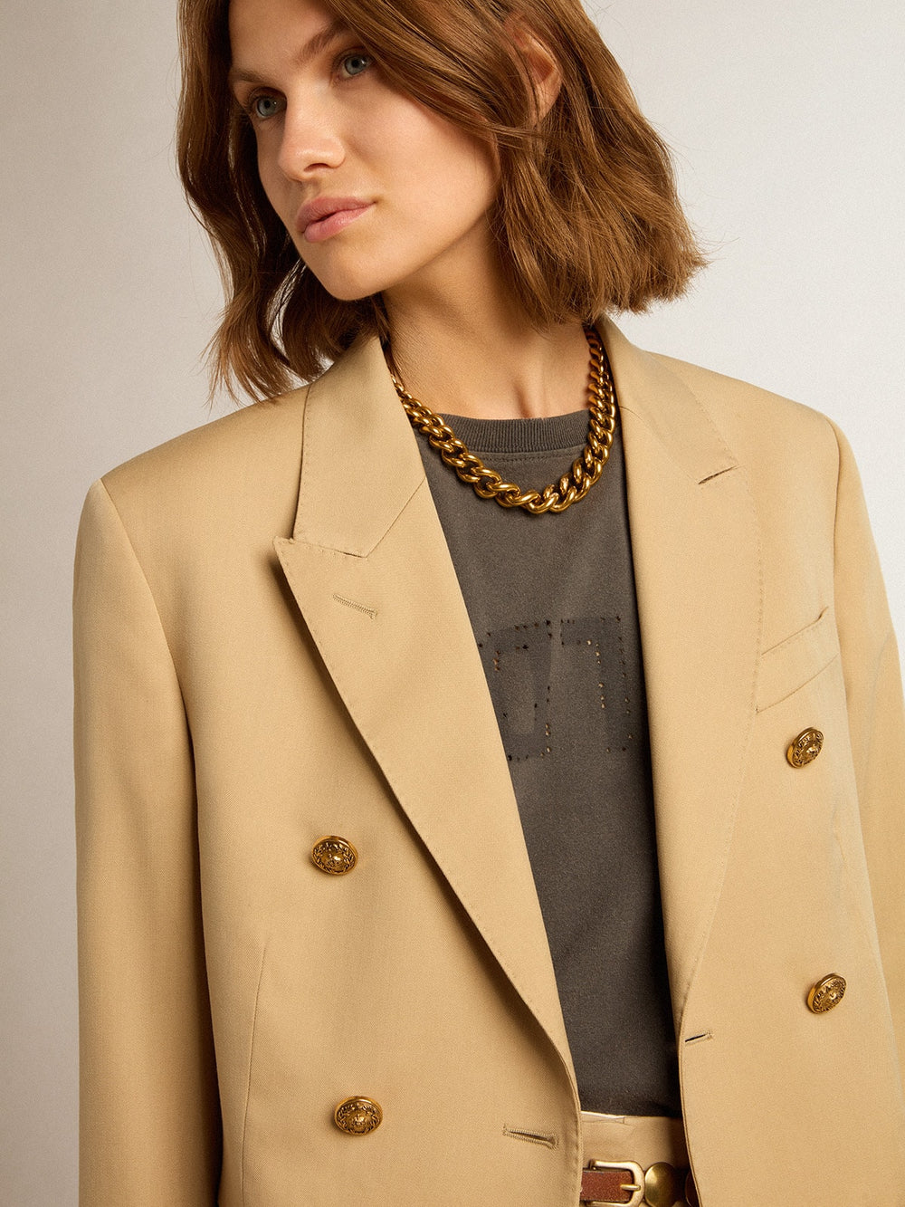 Golden Goose Women’s double-breasted blazer in sand with gold heraldic buttons
