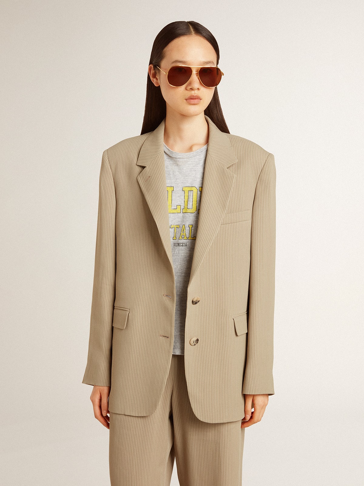 Golden Goose Women's beige pinstripe single-breasted jacket with an oversized fit