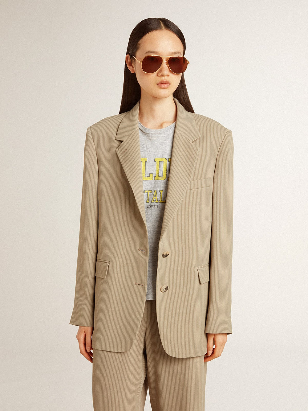 Golden Goose Women's beige pinstripe single-breasted jacket with an oversized fit
