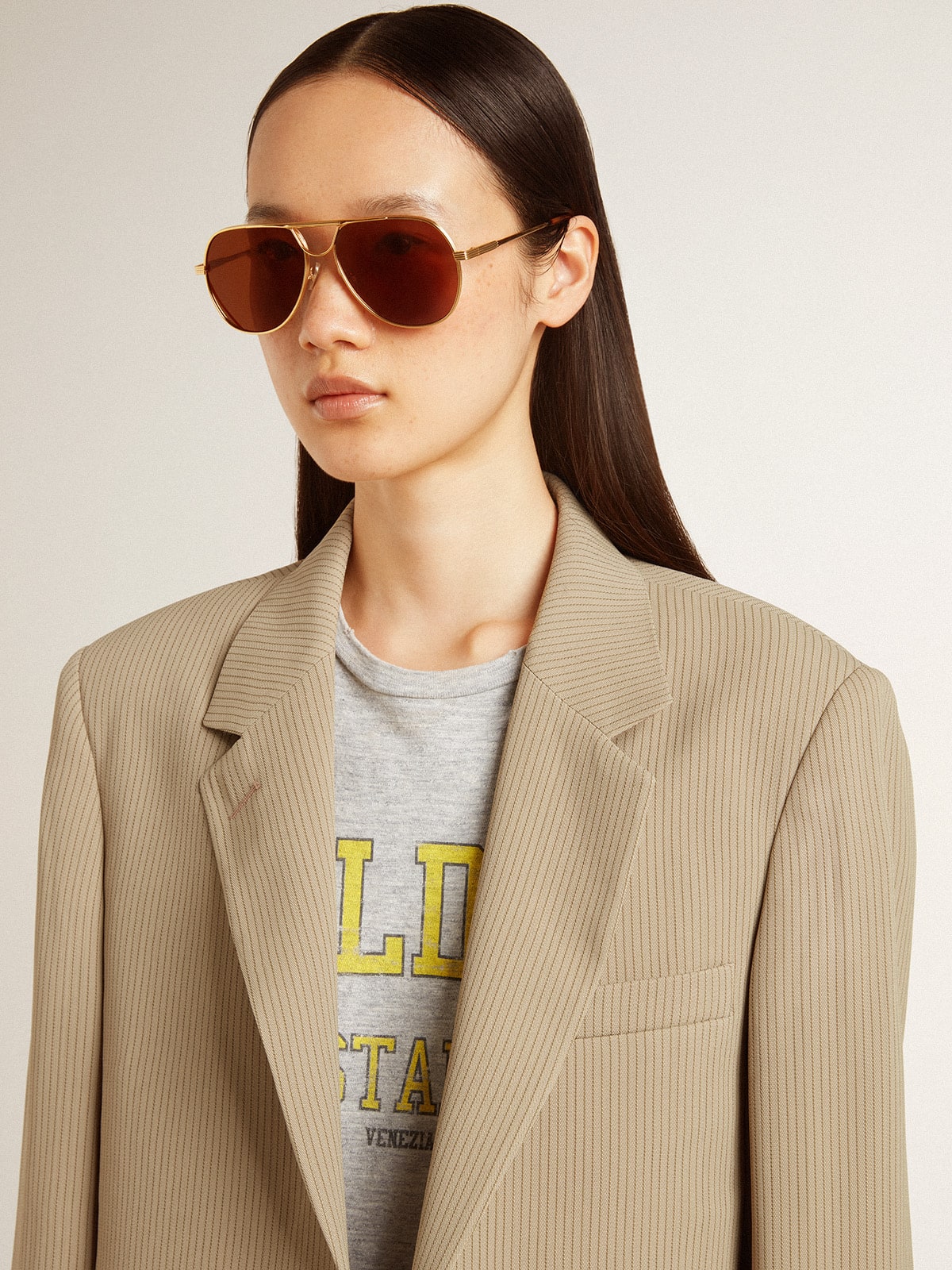 Golden Goose Women's beige pinstripe single-breasted jacket with an oversized fit