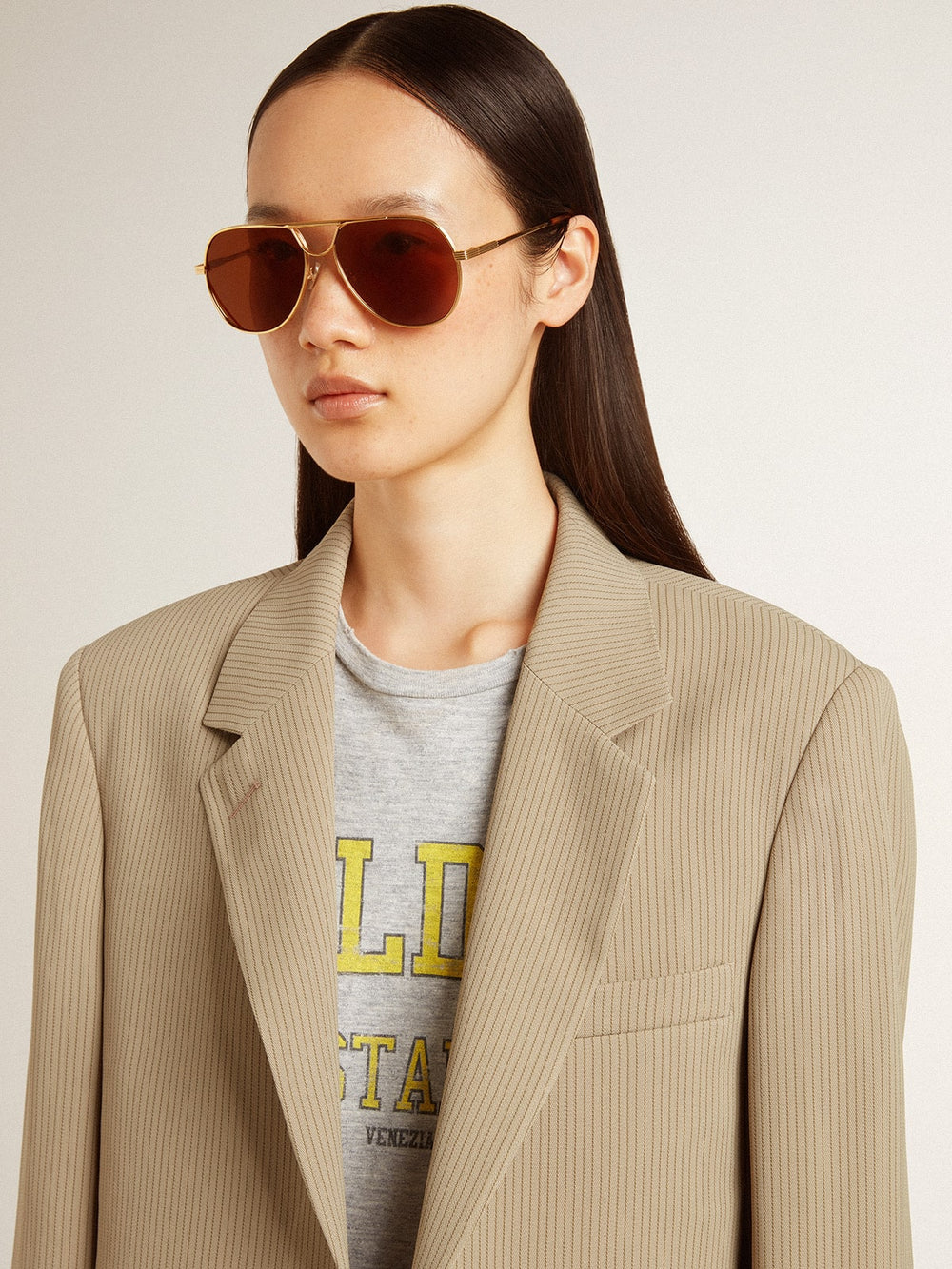 Golden Goose Women's beige pinstripe single-breasted jacket with an oversized fit