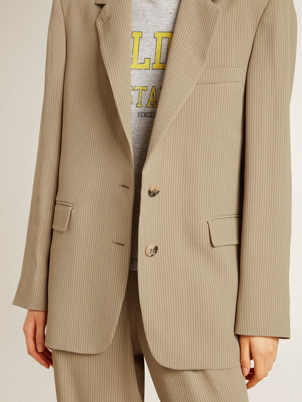 Golden Goose Women's beige pinstripe single-breasted jacket with an oversized fit
