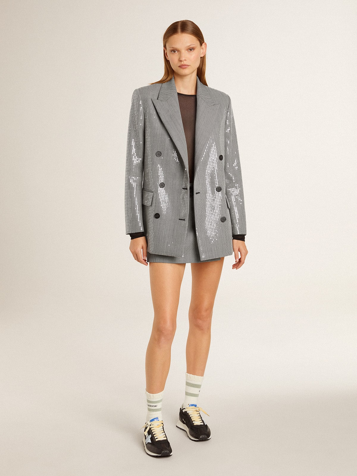 Golden Goose Double-breasted wool boyfriend jacket in micro houndstooth and sequins