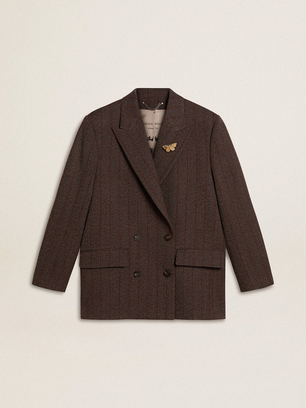 Golden Goose Women's double-breasted blazer in dark brown wool with thin stripe pattern