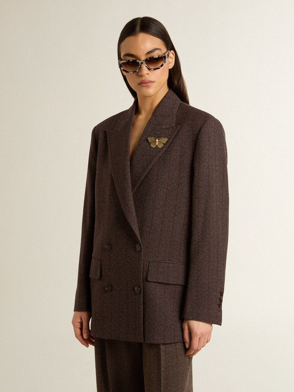 Golden Goose Women's double-breasted blazer in dark brown wool with thin stripe pattern
