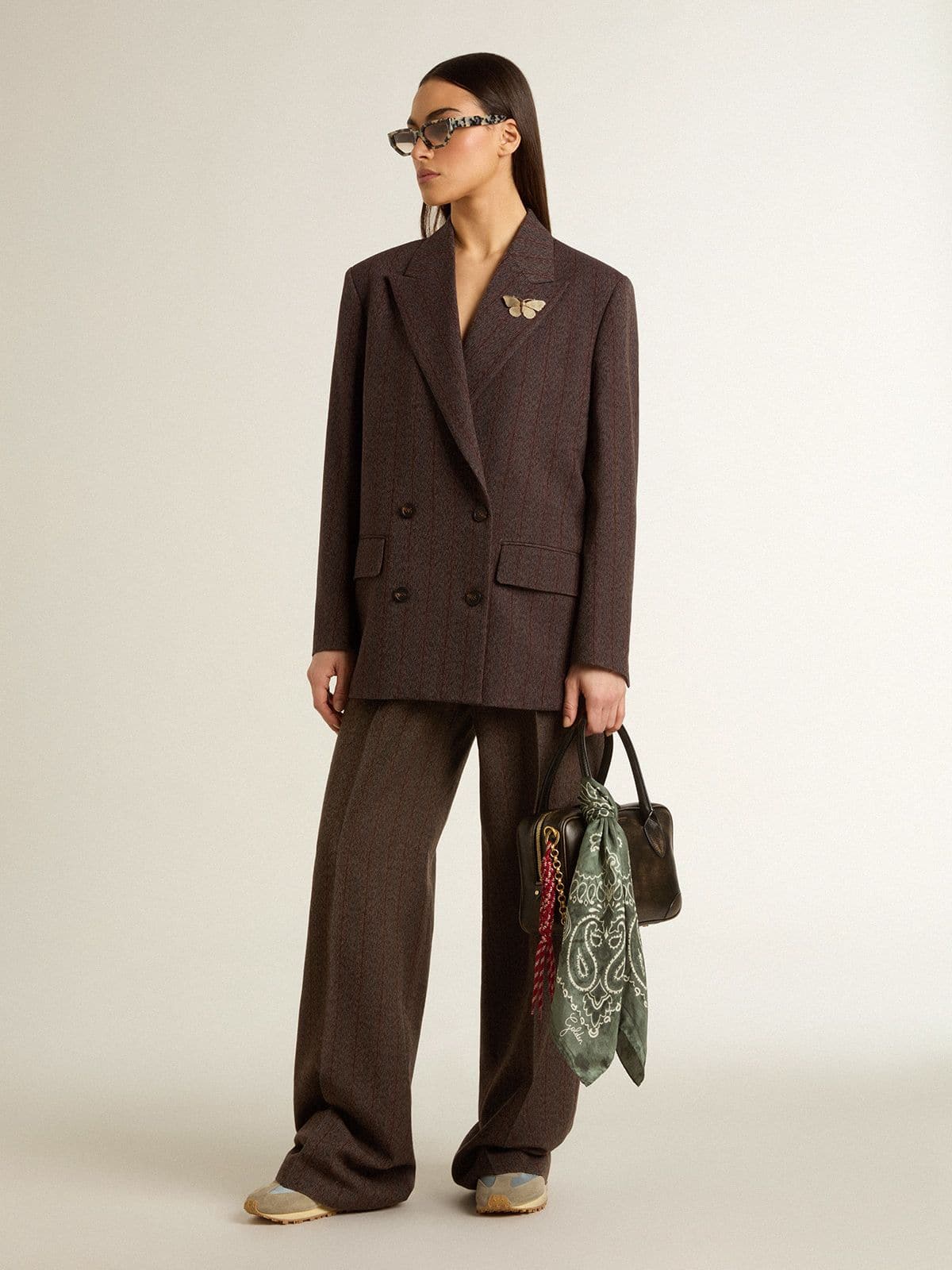 Golden Goose Women's double-breasted blazer in dark brown wool with thin stripe pattern