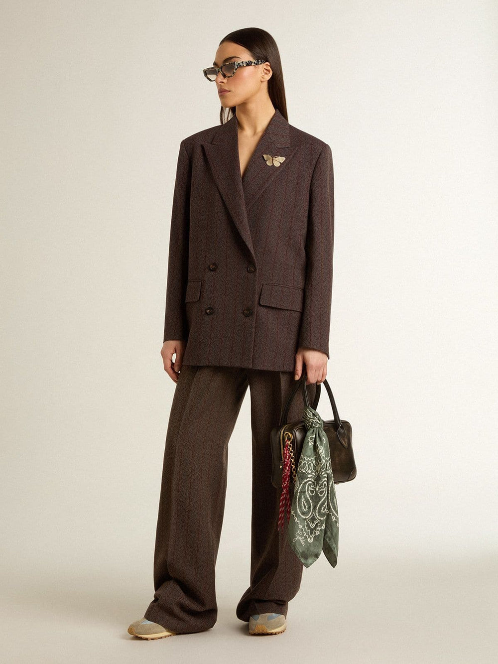 Golden Goose Women's double-breasted blazer in dark brown wool with thin stripe pattern