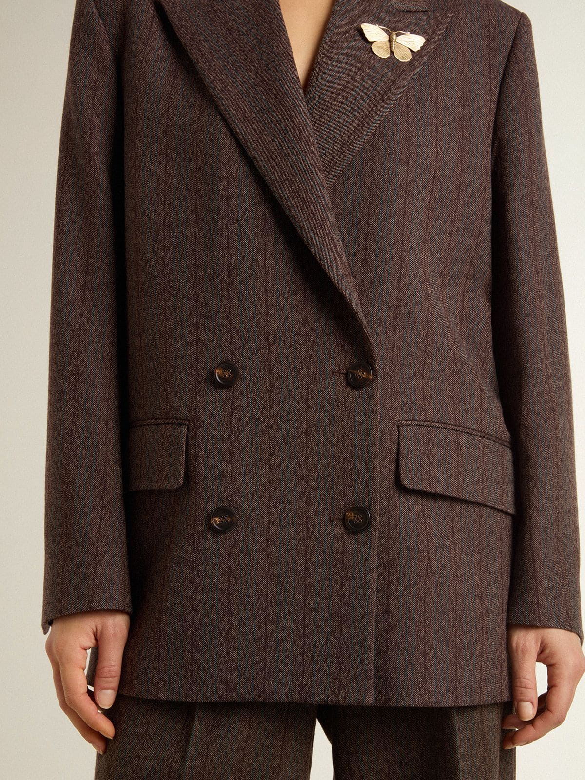 Golden Goose Women's double-breasted blazer in dark brown wool with thin stripe pattern