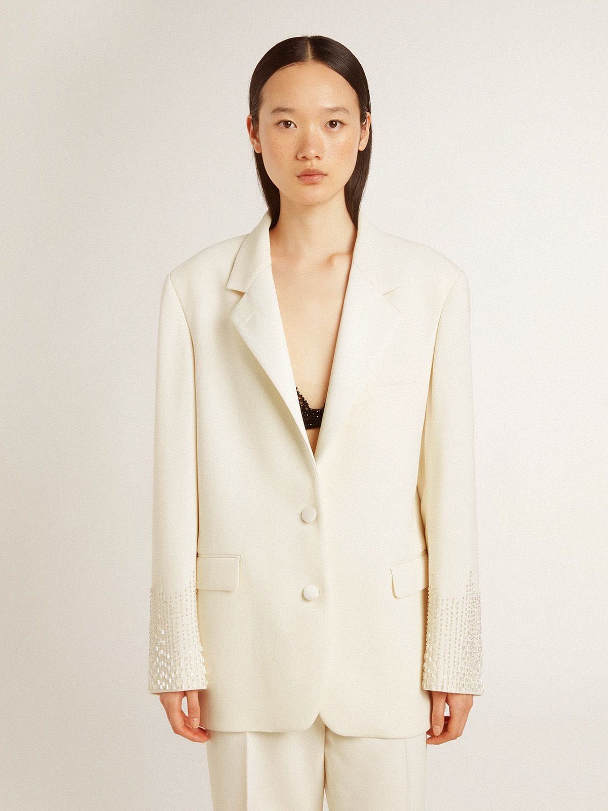Golden Goose Single-breasted oversize jacket in white with silk effect and embroidery