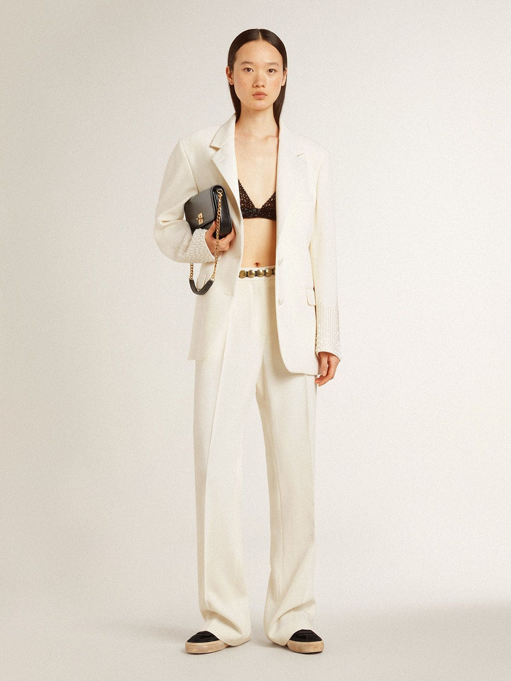 Golden Goose Single-breasted oversize jacket in white with silk effect and embroidery