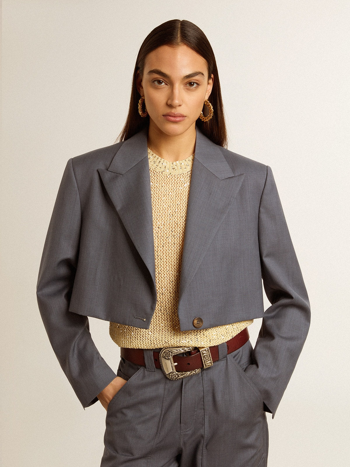 Golden Goose Women's single-breasted cropped jacket in baby blue wool
