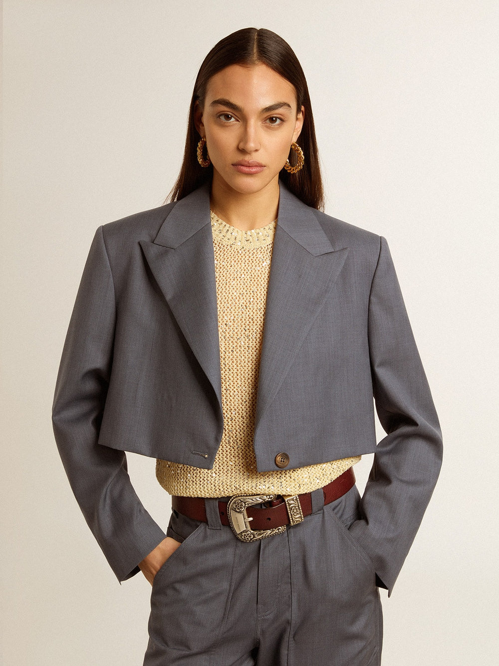 Golden Goose Women's single-breasted cropped jacket in baby blue wool
