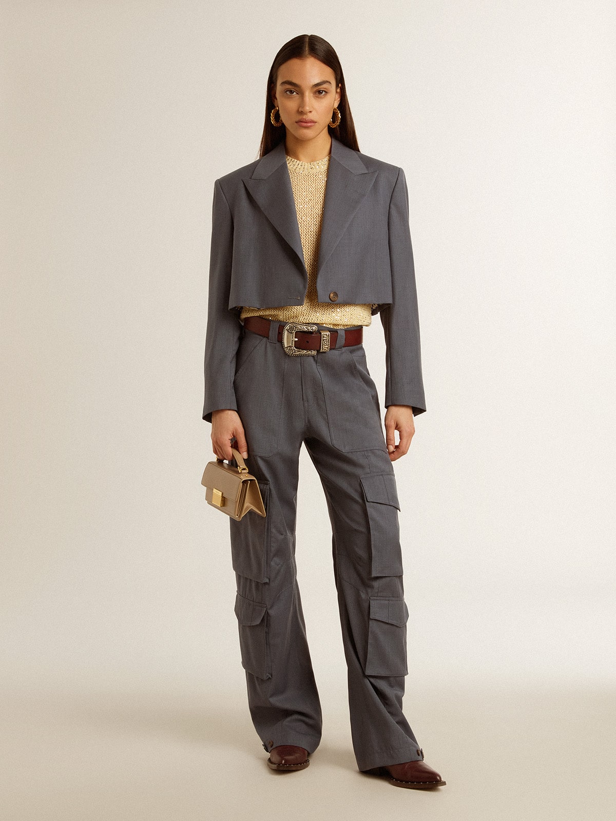 Golden Goose Women's single-breasted cropped jacket in baby blue wool