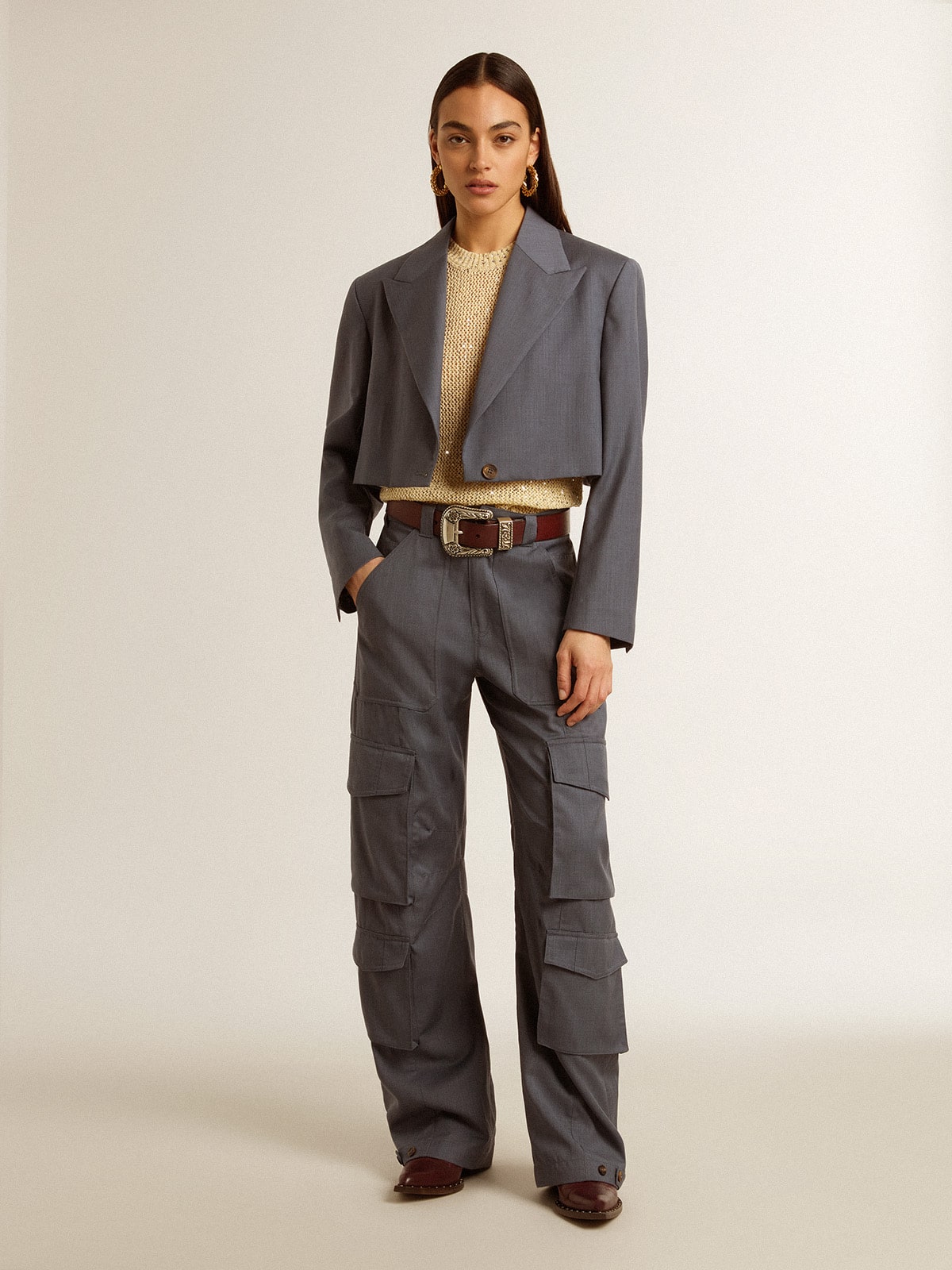 Golden Goose Women's single-breasted cropped jacket in baby blue wool