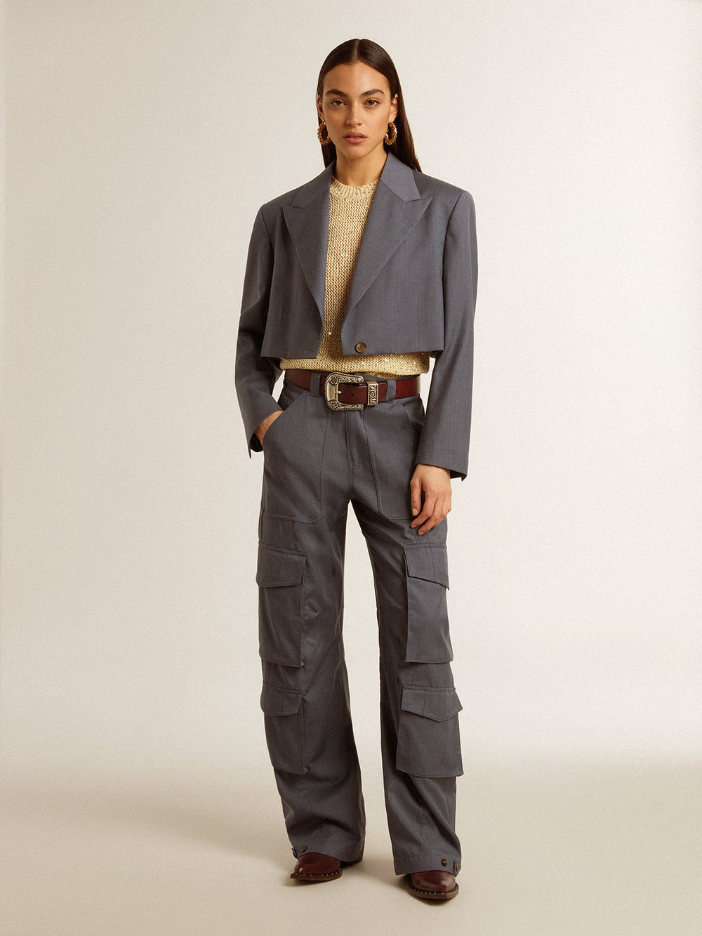 Golden Goose Women's single-breasted cropped jacket in baby blue wool