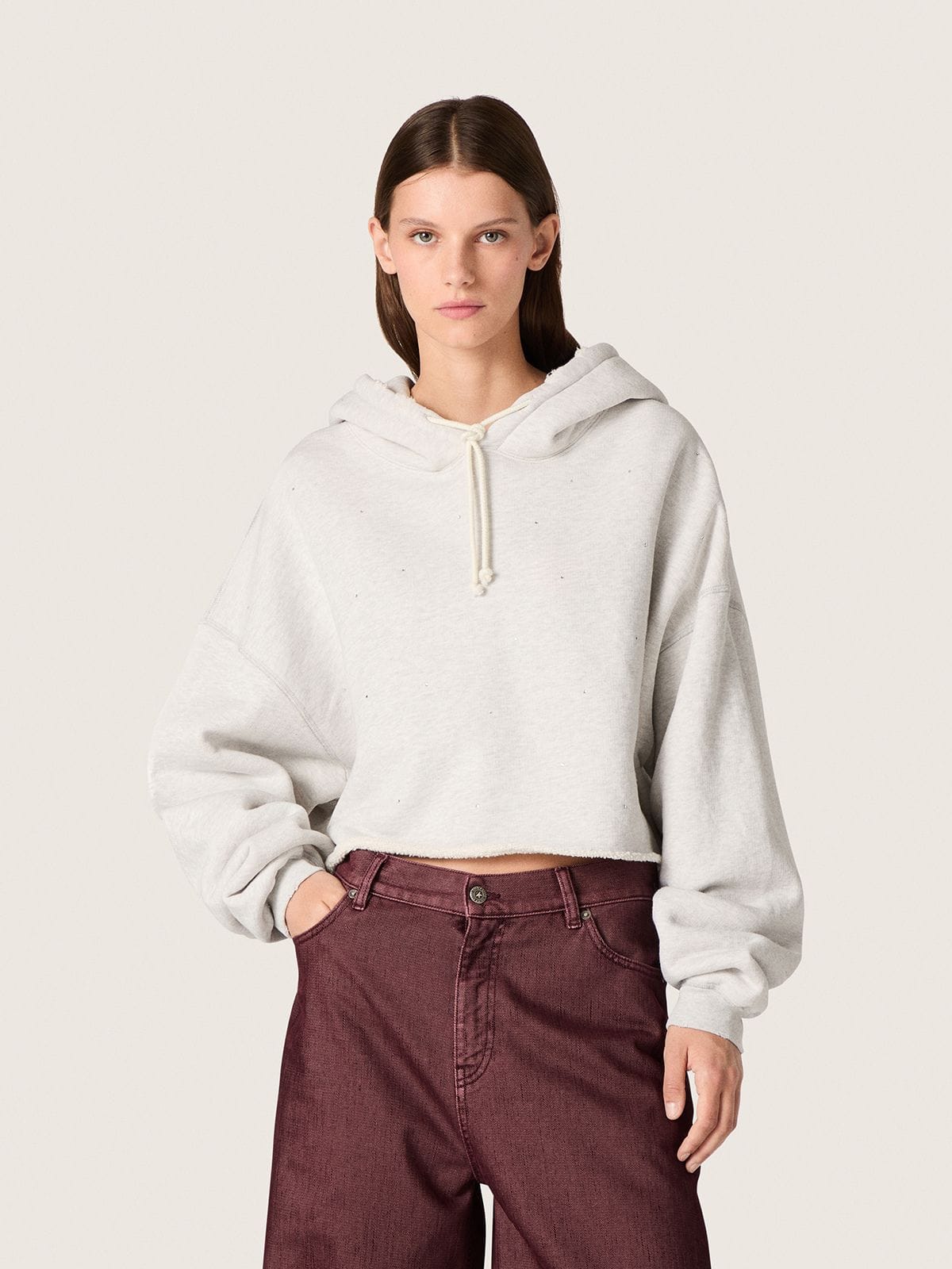Golden Goose Star women’s cropped hooded sweatshirt in gray melange cotton