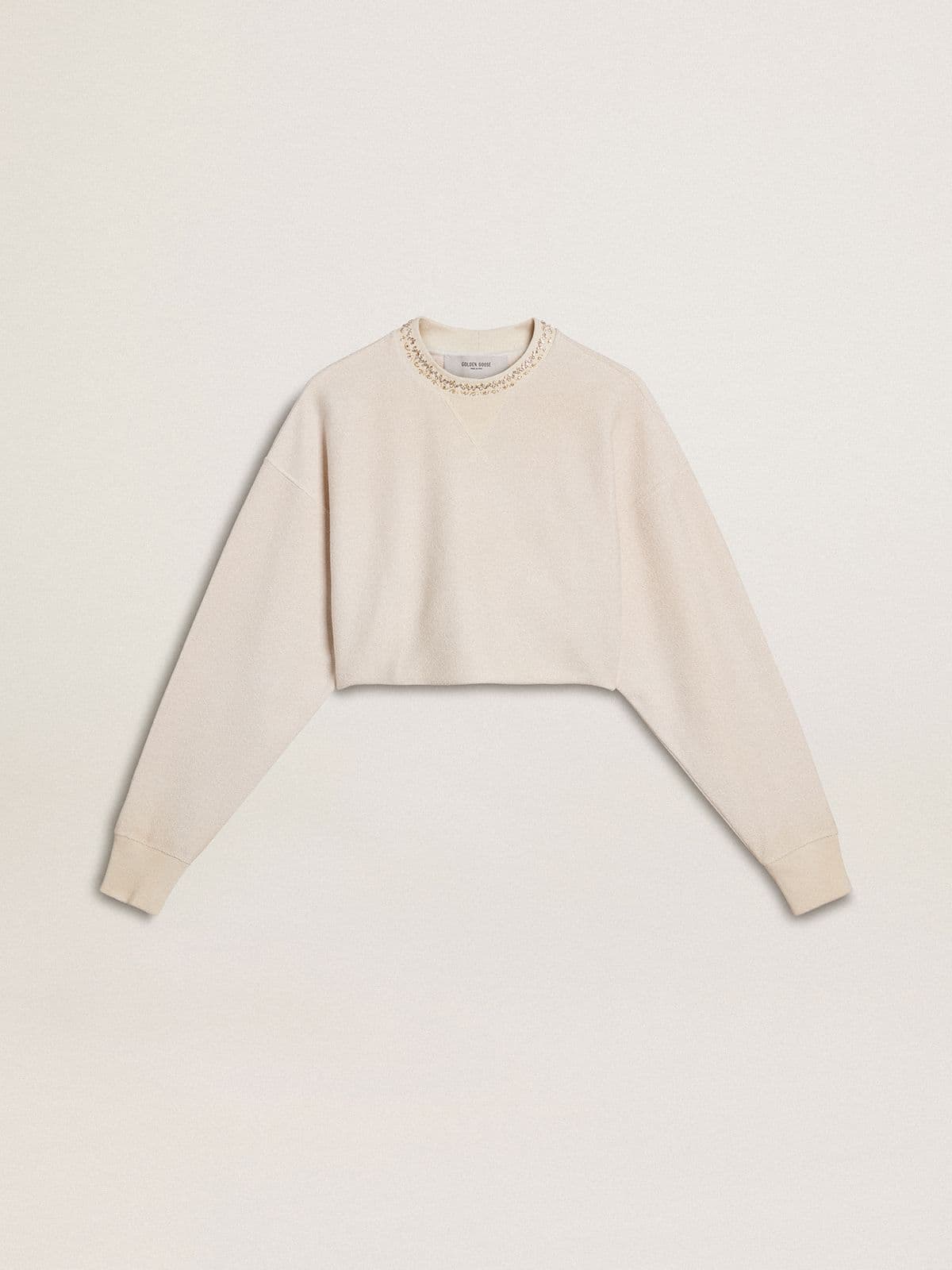 Golden Goose Women's cream cotton cropped sweatshirt with crystals on the front