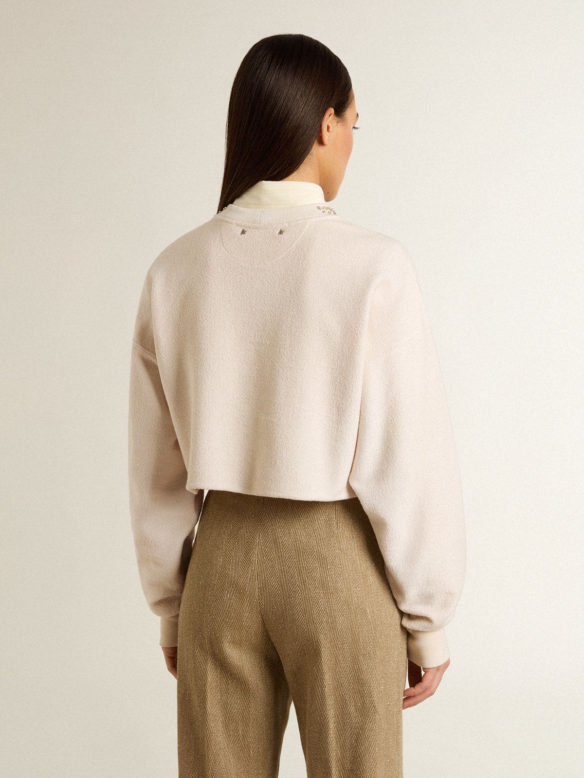 Golden Goose Women's cream cotton cropped sweatshirt with crystals on the front