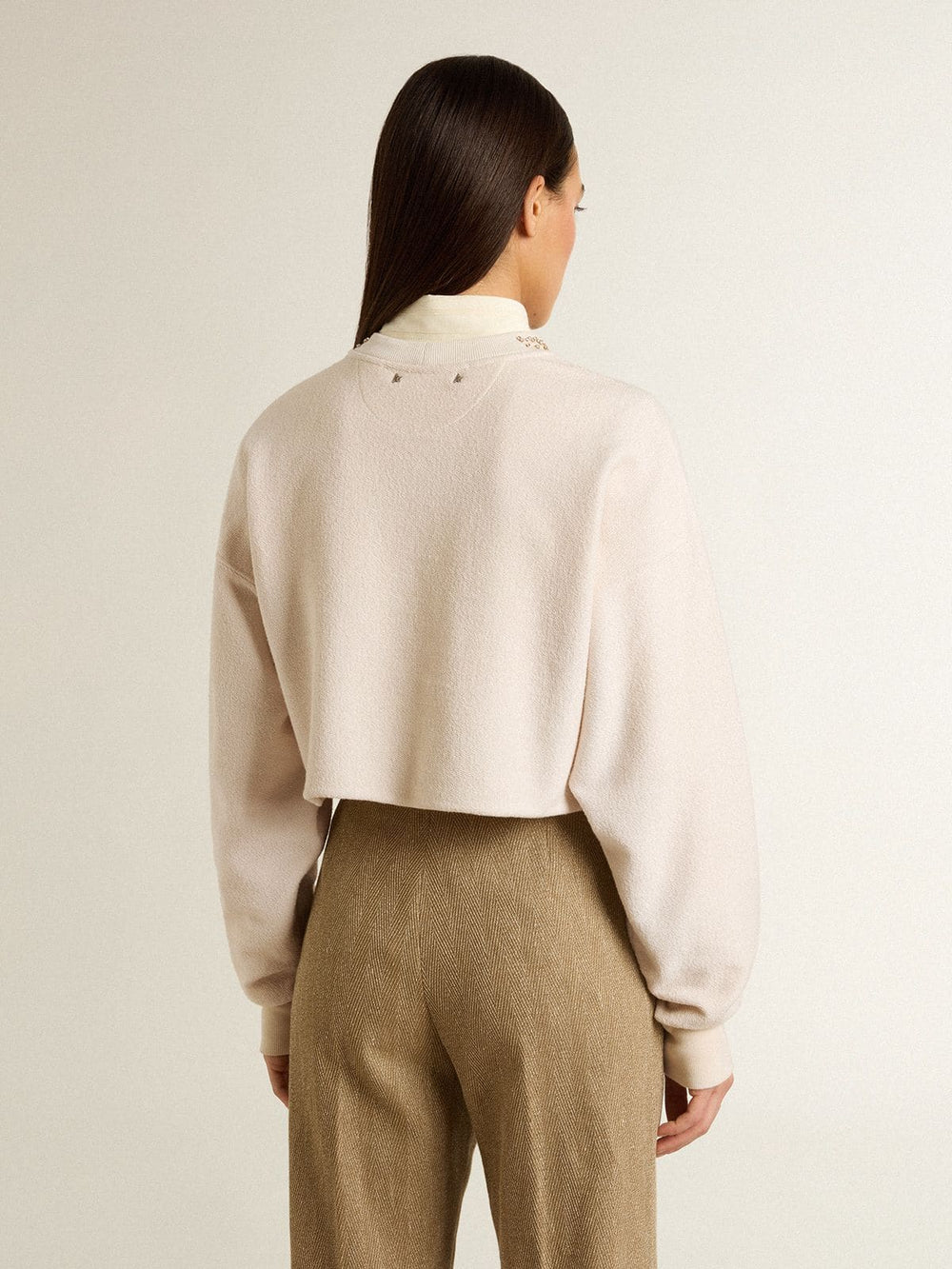 Golden Goose Women's cream cotton cropped sweatshirt with crystals on the front