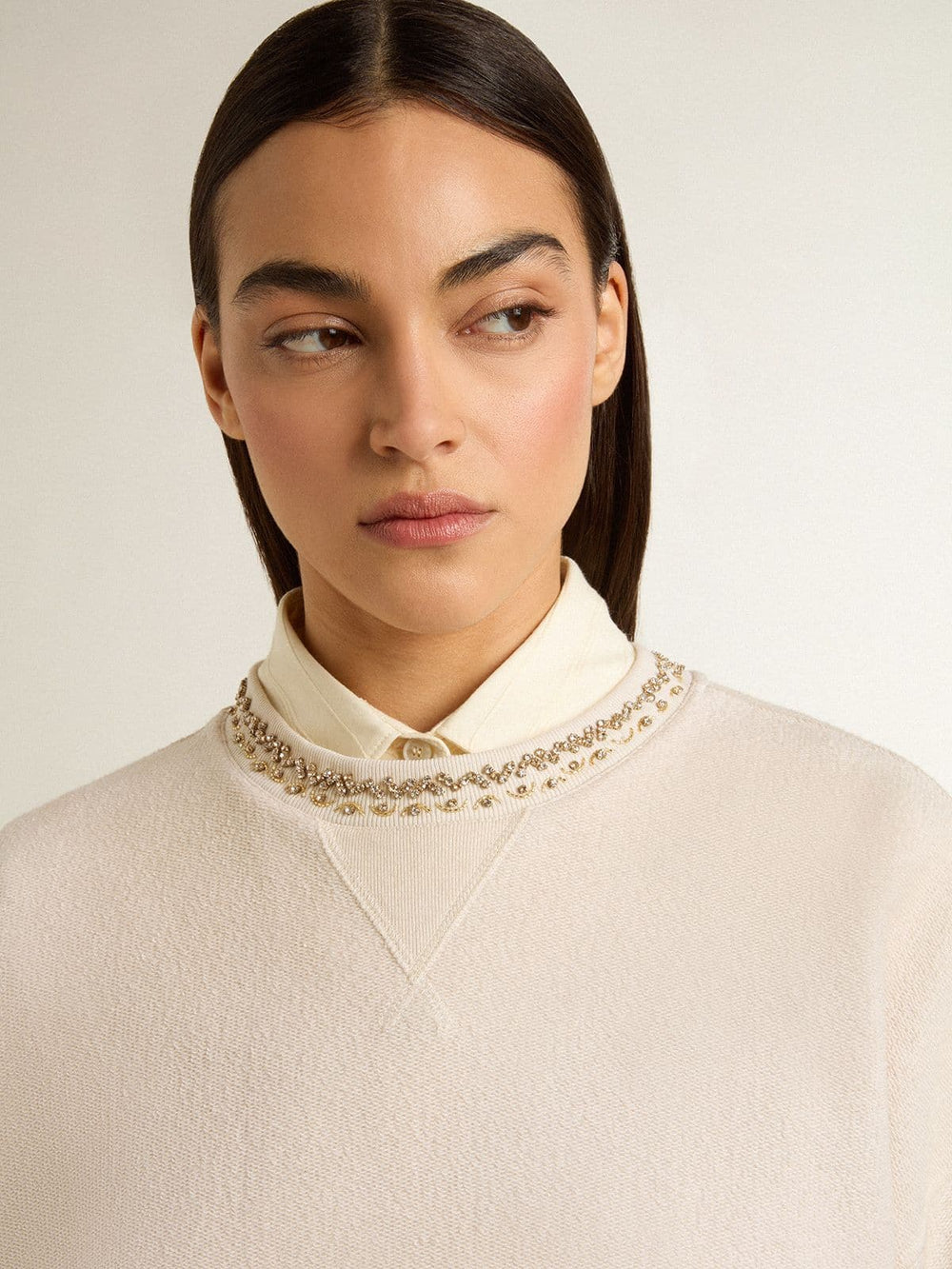 Golden Goose Women's cream cotton cropped sweatshirt with crystals on the front