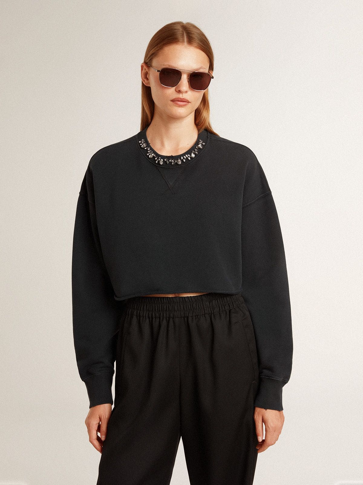 Golden Goose Women's cropped cotton sweatshirt with crystals on the front
